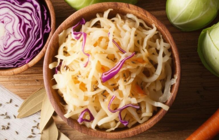 Chucrut casero en cuenco de madera con repollo morado y repollo blanco
