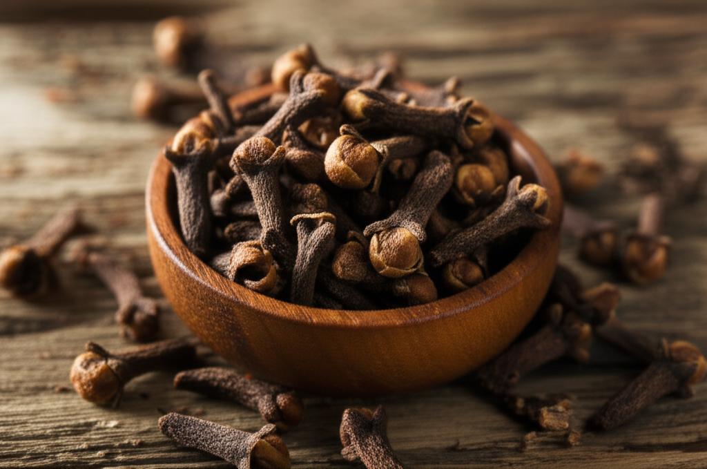 Imagen de una mesa mostrando Clavo de olor fresco y seco, resaltando su aroma y valor nutricional, listo para ser usado en diversas preparaciones.