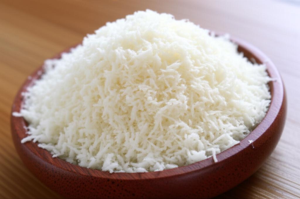 Coco tierno rayado en recipiente de madera.