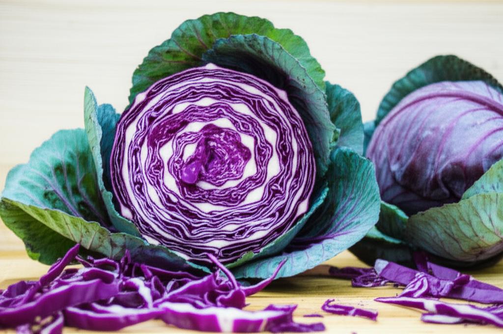Imagen de una vibrante col morada fresca, resaltando su intenso color y valor nutricional como un superalimento.