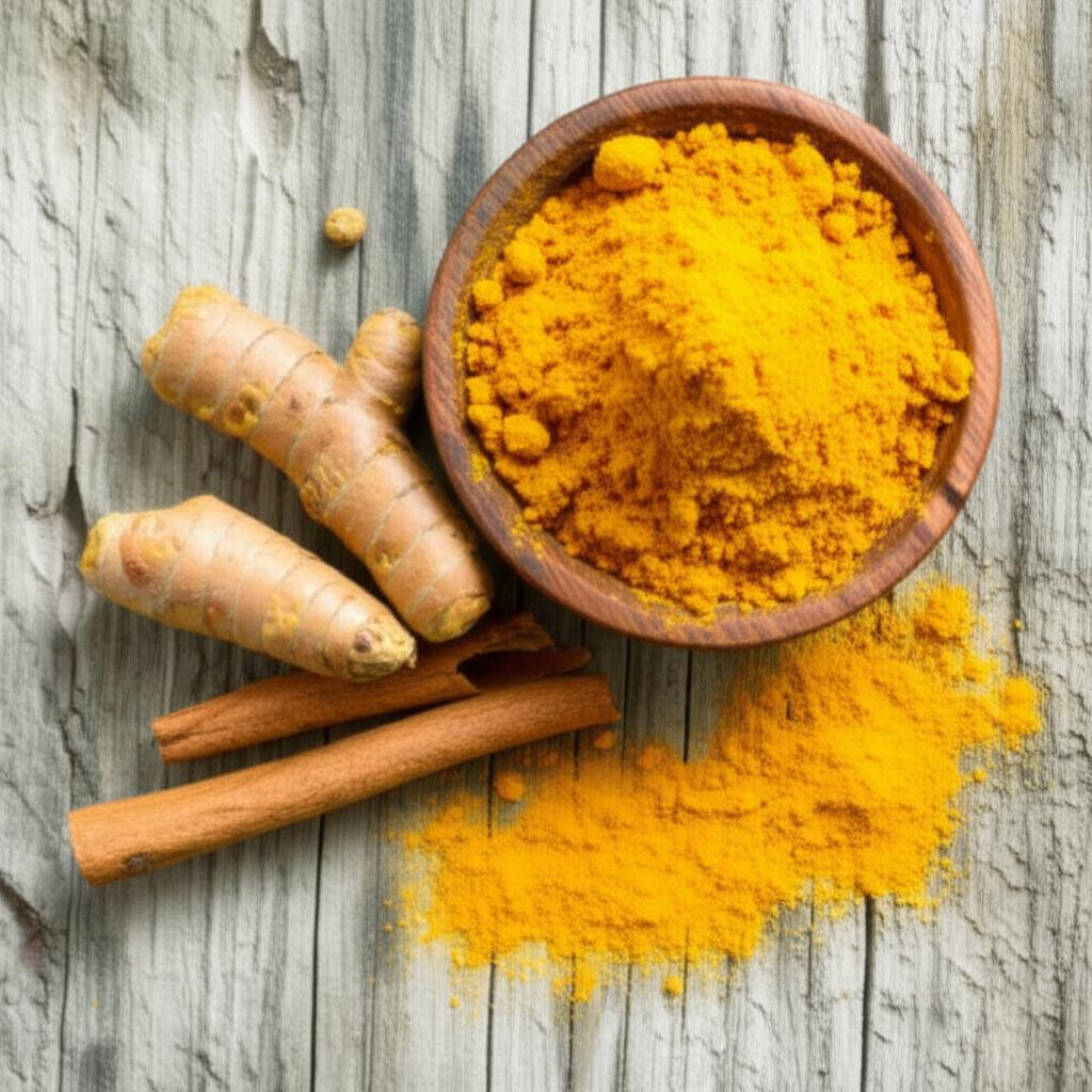 Curcuma en polvo y raices de curcuma junto a canela en rama