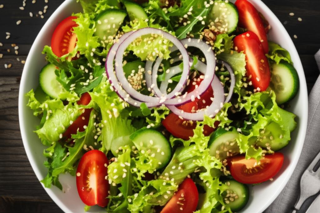 Ensalada verde fresca con tomate, pepino, cebolla morada y ajonjolí.