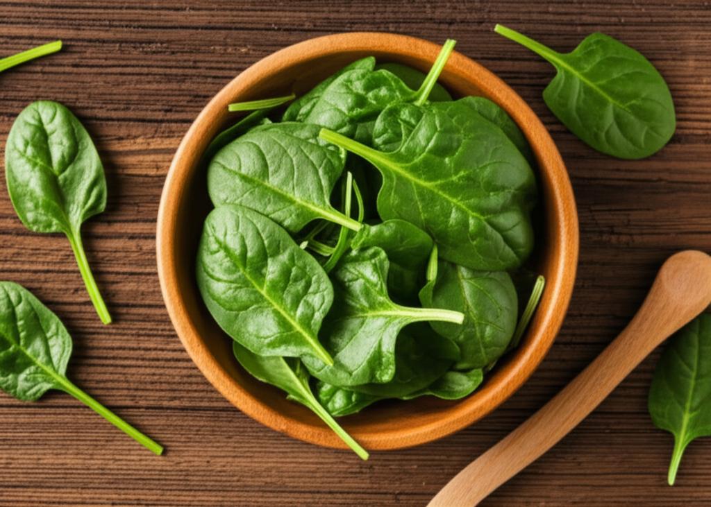 Imagen de hojas de espinaca fresca resaltando su vibrante color verde y su denso valor nutricional.