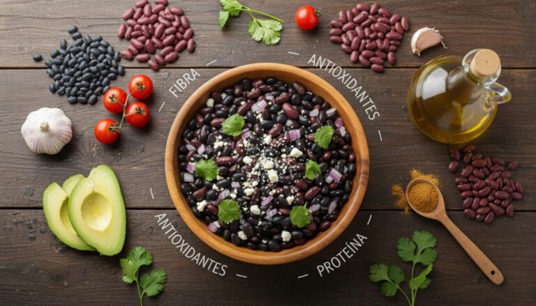 Frijoles negros y rojos, cocidos y crudos, con aguacate, tomates y especias, ilustrando sus propiedades nutricionales de fibra, antioxidantes y proteína.