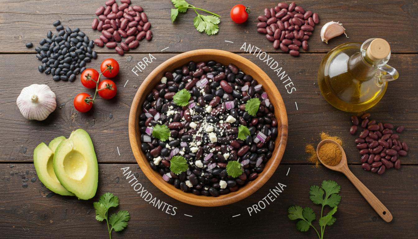 Un tazón humeante de frijoles negros guisados con cilantro fresco, destacando el Valor nutricional de los frijoles como Frijoles fuente de proteína vegetal y fibra.