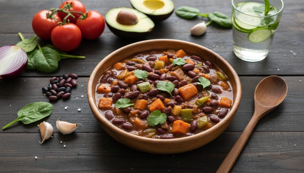Estofado de frijoles con batata y pimientos en tazón de madera, rodeado de tomates, aguacate, cebolla y espinacas.