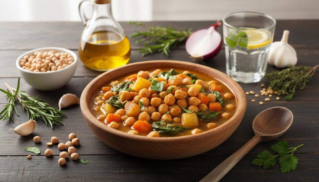 Guiso de garbanzos vegano con zanahoria, patata y espinacas en cuenco de madera, rodeado de ingredientes frescos como ajo, cebolla, romero, tomillo y aceite de oliva, destacando una comida nutritiva.