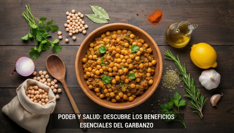 Garbanzos cocidos en un tazón de madera, acompañados de garbanzos crudos y diversos ingredientes frescos como perejil, ajo, limón, cebolla y especias sobre una superficie de madera, destacando la riqueza nutricional de los garbanzos para SEO y accesibilidad.