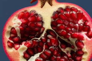 Granada abierta mostrando las semillas rojas, representando los beneficios nutricionales de la fruta.