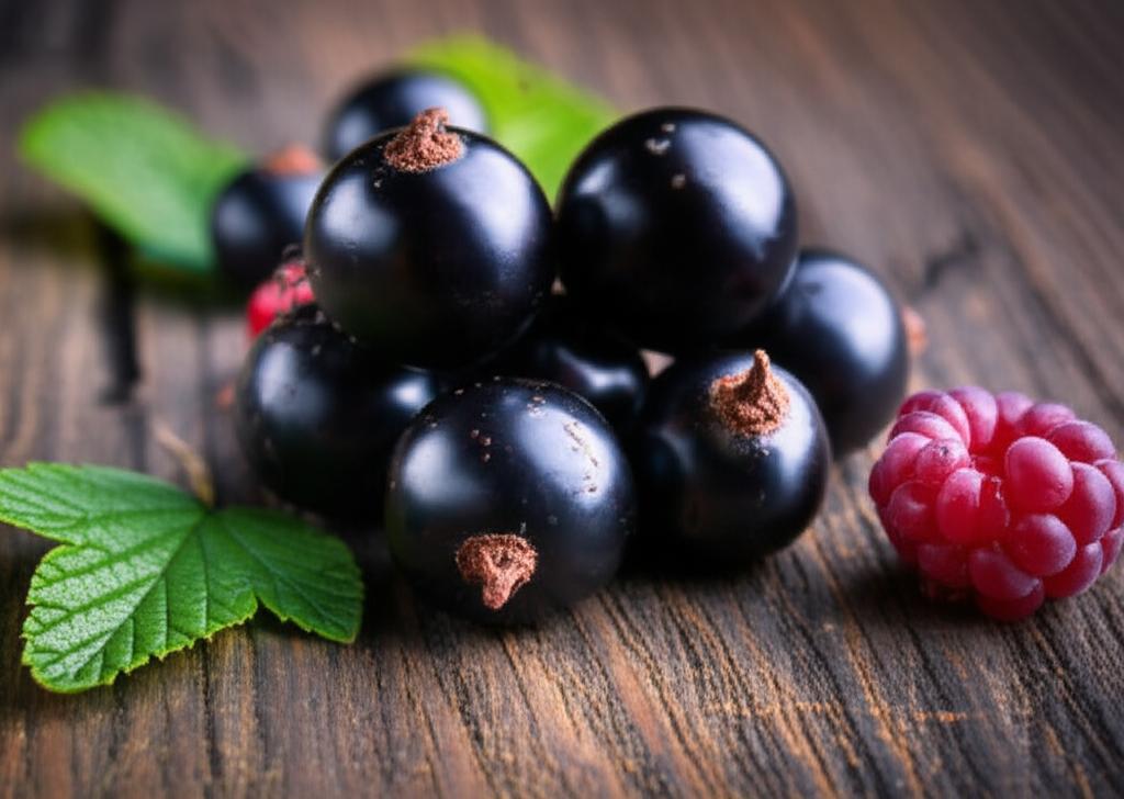 Imagen de grosellas negras frescas exhibiendo su intenso color y nutrientes esenciales, destacando su valor nutricional.