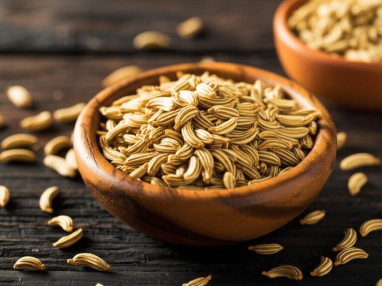 Semillas de hinojo en cuenco de madera