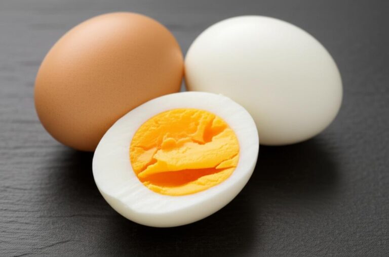 Huevo cocido cortado por la mitad, un huevo blanco y un huevo marrón sobre fondo oscuro, ilustrando la nutrición del huevo.
