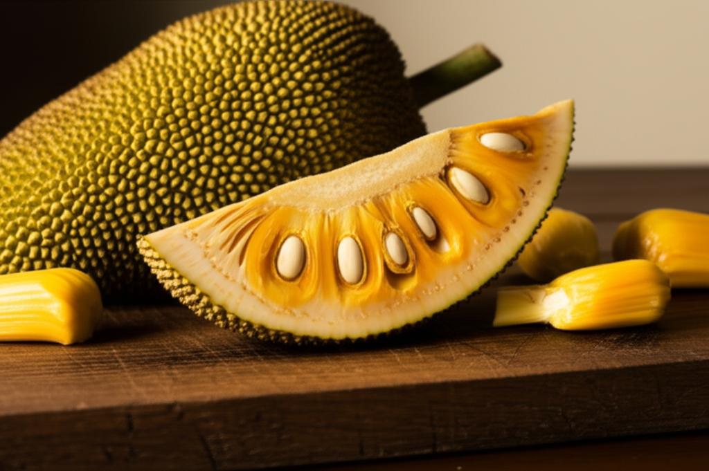 Imagen de un Jackfruit o yaca fresco mostrando su pulpa y valor nutricional, ideal para dietas veganas.