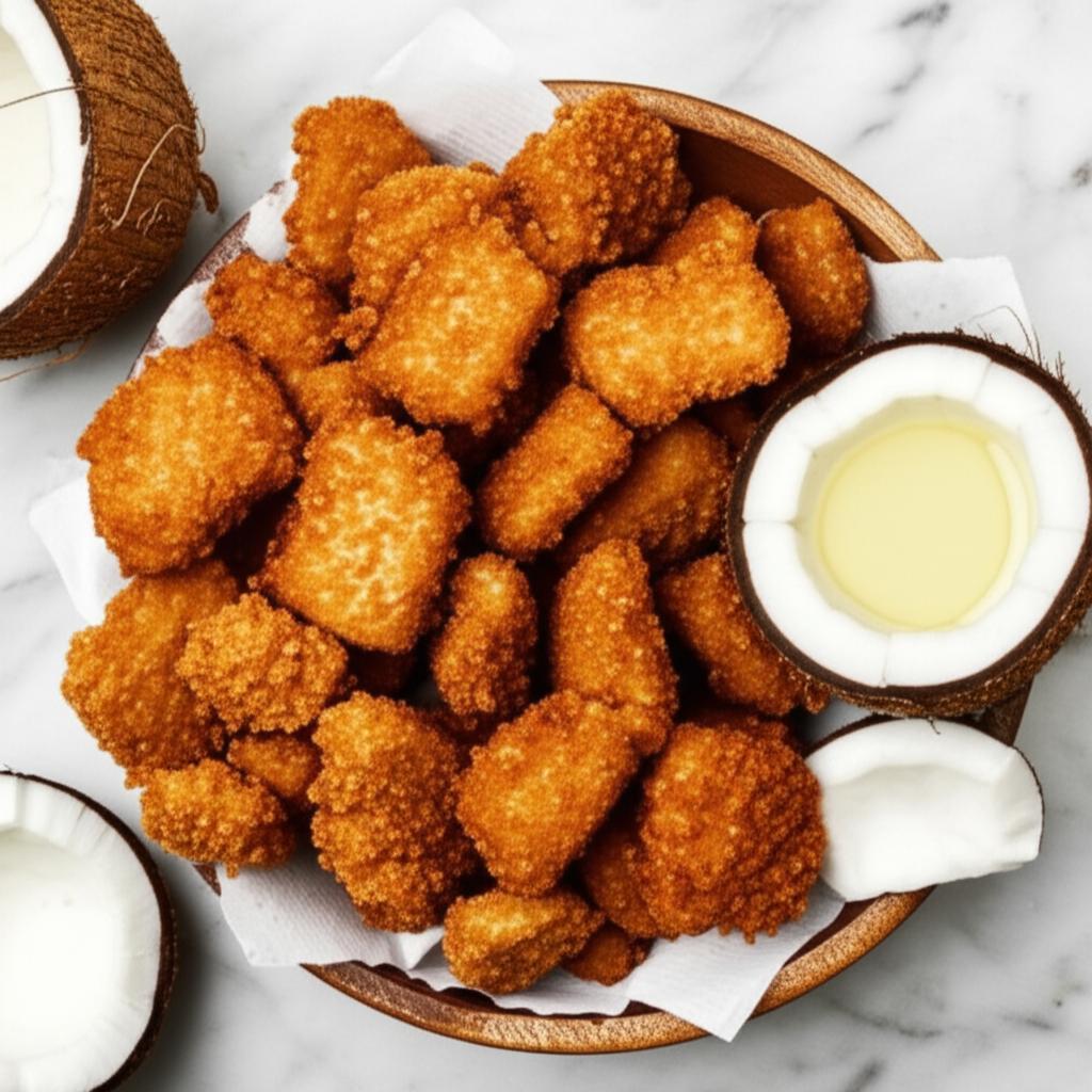 Trocitos fritos con aceite de coco en un plato de madera junto a cocos frescos.
