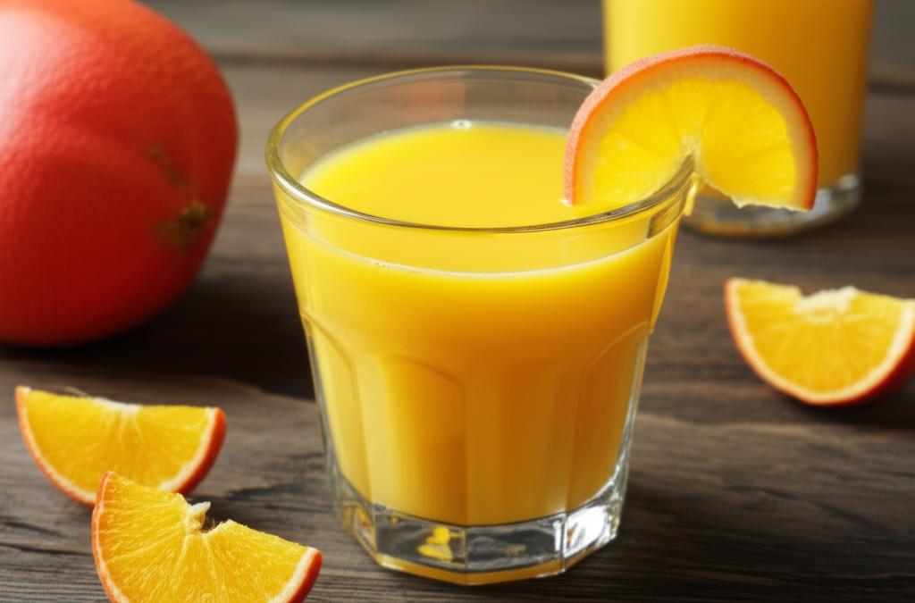 Vaso de jugo de mango fresco con rodajas de naranja sobre mesa de madera