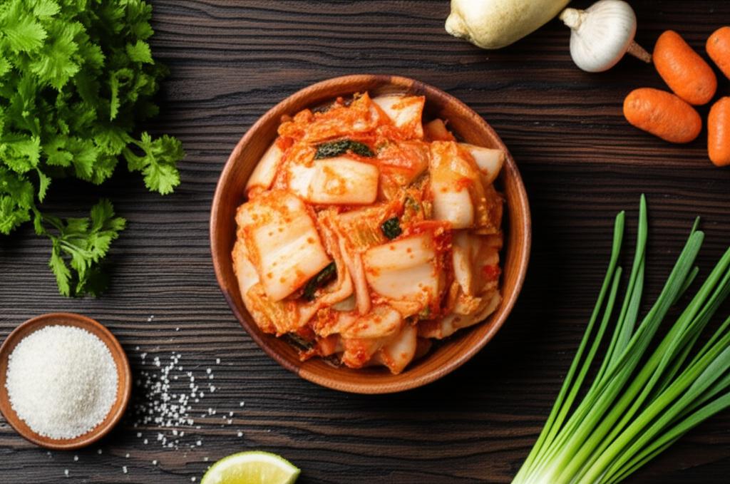 Tazón de kimchi casero con ingredientes frescos sobre mesa de madera oscura.