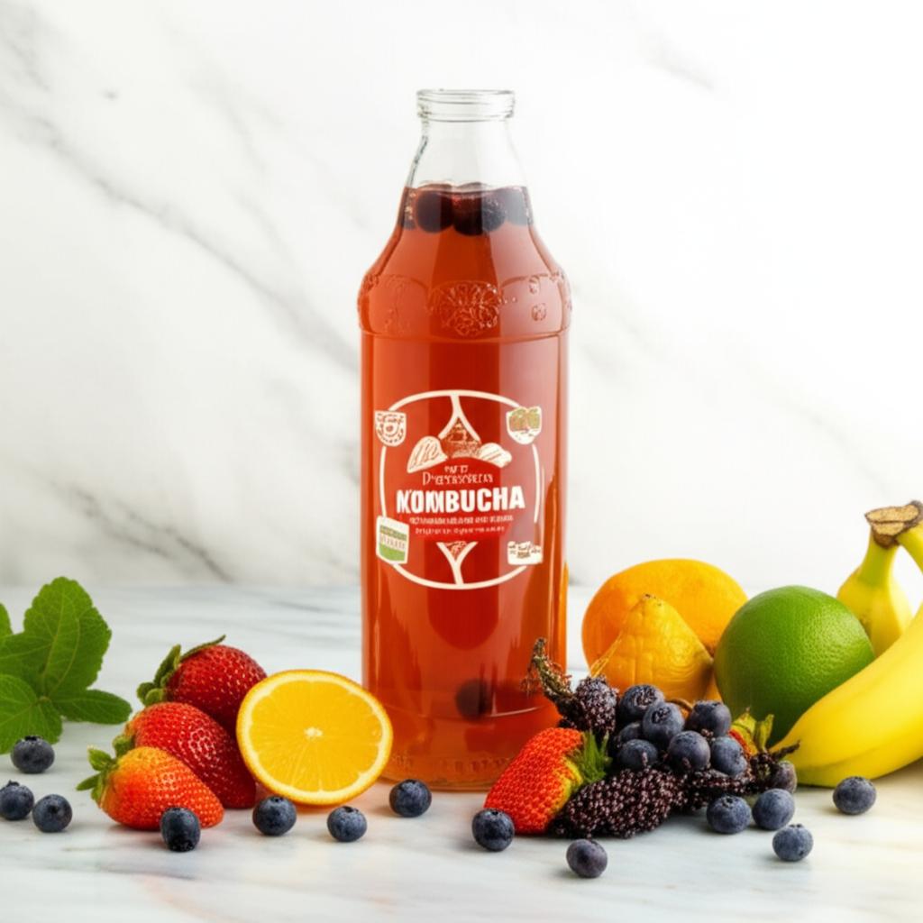 Botella de Kombucha de frutos rojos con fresas, arándanos, naranjas, limas, moras y plátanos frescos sobre mesa de mármol.