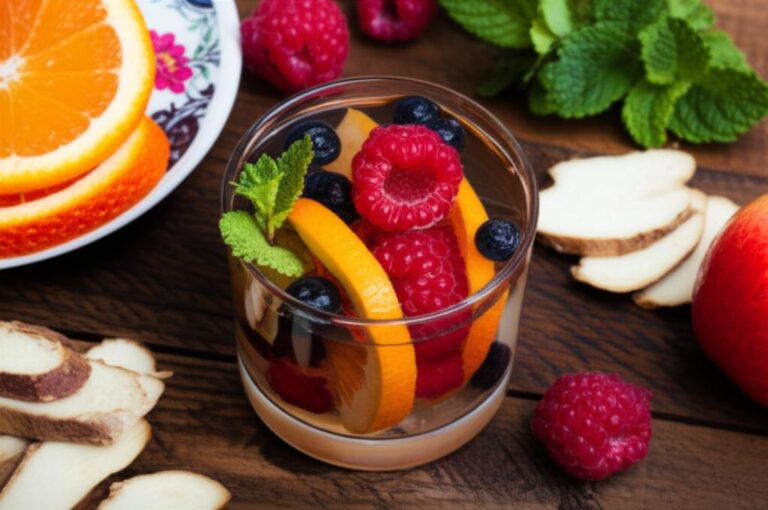 Vaso de kombucha con rodajas de naranja, frambuesas, arándanos y menta fresca en mesa de madera.