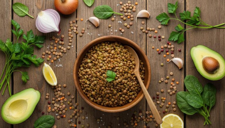 Tazón de lentejas cocidas con cuchara, rodeado de ingredientes frescos como aguacate, cebolla, ajo, espinacas y perejil sobre mesa de madera. Fuente de proteína vegetal y fibra.
