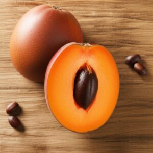 Mamey entero y medio mamey con semilla sobre superficie de madera