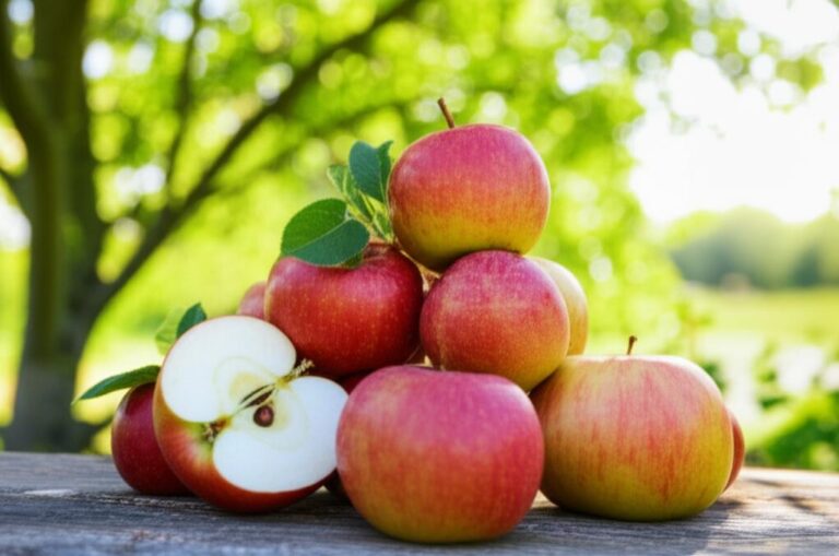Imagen de varias manzanas rojas y amarillas apiladas con una manzana cortada por la mitad en primer plano, sobre una mesa de madera con un fondo de follaje verde, representando datos nutricionales de la manzana.