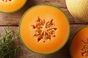 Imagen de primer plano de un melón cortado por la mitad, mostrando su pulpa naranja y semillas, junto con ramitas verdes.