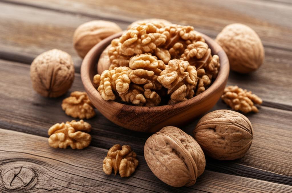 Imagen de una mesa mostrando Nueces frescas, resaltando su textura y valor nutricional. Ideal para una dieta equilibrada.