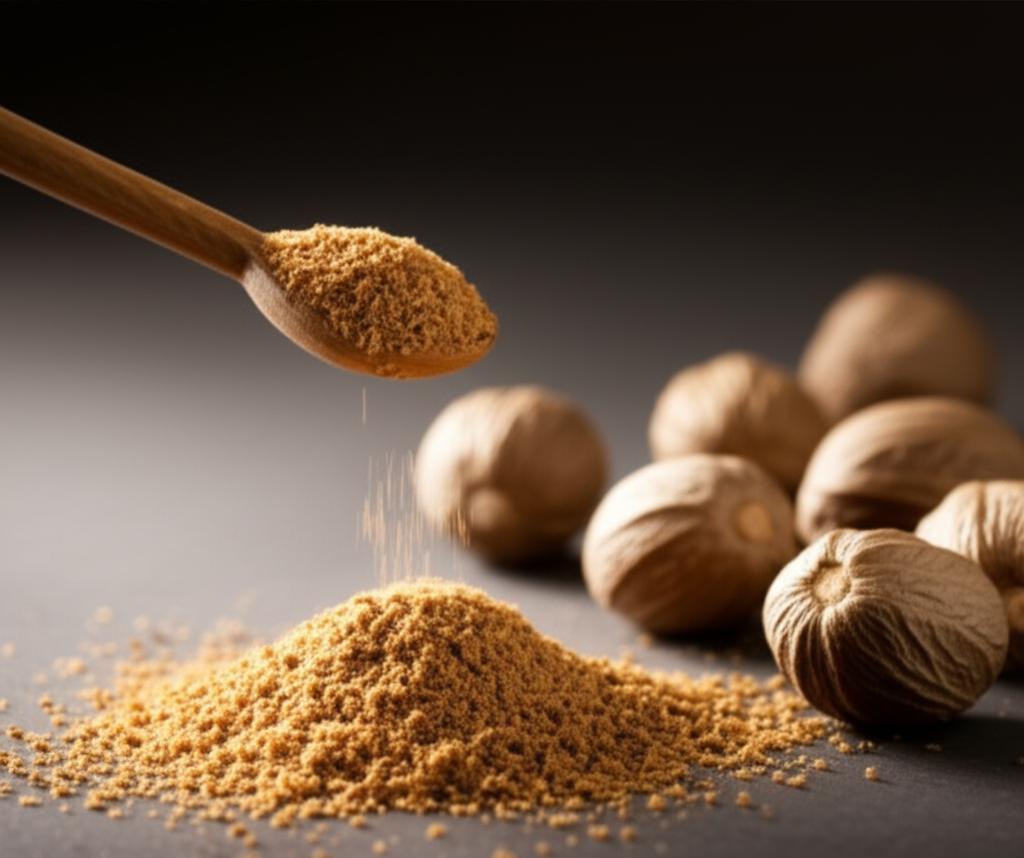 Cuchara de madera vertiendo nuez moscada rallada sobre un montículo, con nueces moscadas enteras al fondo. Imagen de nuez moscada en polvo destacando su uso culinario para realzar sabores en platos.