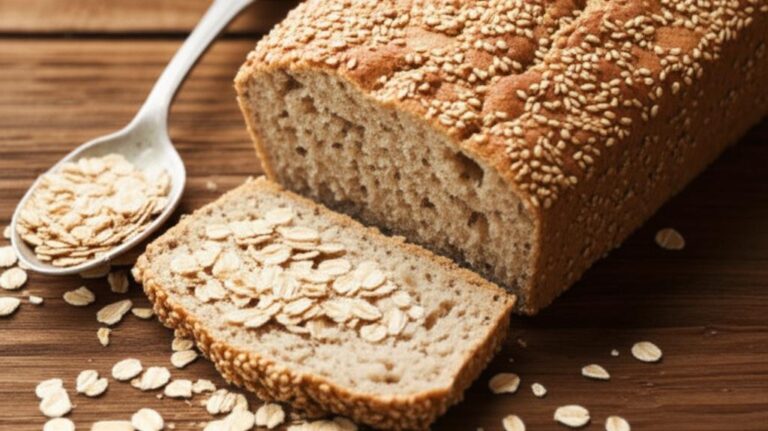 Pan de avena casero con semillas de sésamo y una cuchara de avena, sobre una mesa de madera.