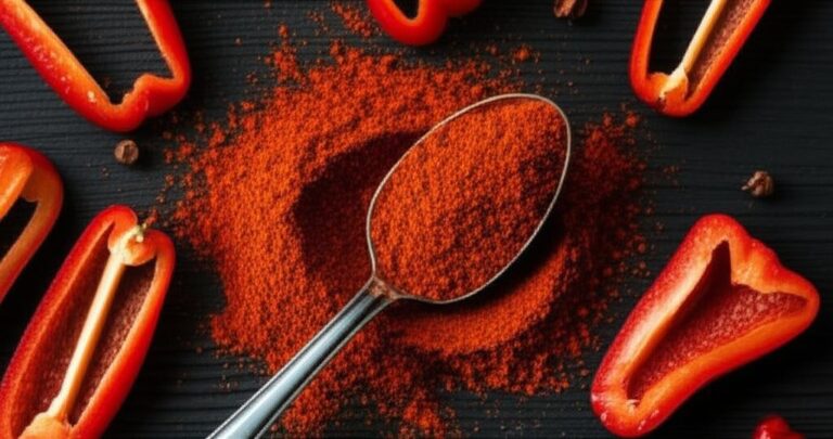 Cuchara con pimentón en polvo y pimientos rojos sobre fondo oscuro
