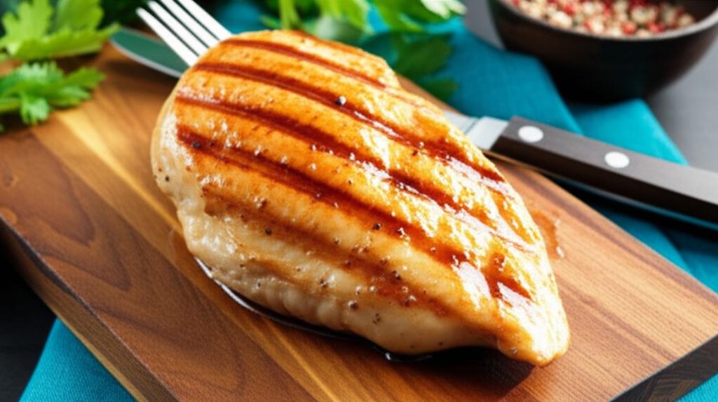 Pechuga de pollo a la plancha dorada con marcas de parrilla sobre tabla de madera, información nutricional.
