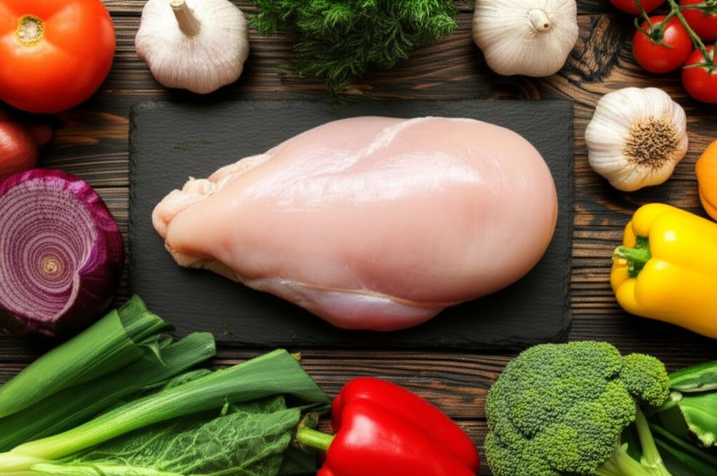 Imagen de una pechuga de pollo sin piel resaltando su bajo contenido en grasa y alto valor proteico, ideal para una alimentación saludable y balanceada.