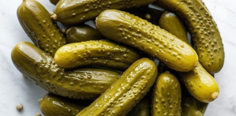 Fotografía cenital de pepinillos fermentados en primer plano, resaltando su textura y color para información nutricional.