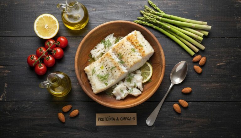 Filete de pescado blanco cocido con espárragos, limón, tomates cherry, aceite de oliva y almendras, ilustrando una comida rica en proteína y omega-3.