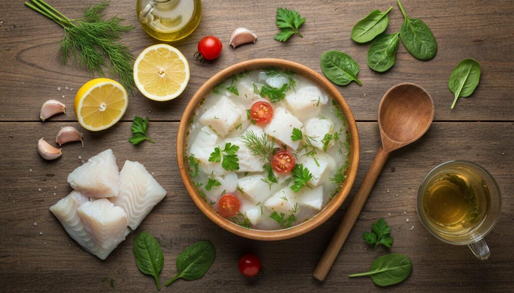 Caldos y sopas de pescado blanco con ingredientes frescos como filetes de pescado, limón, ajo, hierbas y espinacas sobre una mesa de madera. La imagen es útil para mostrar el contenido nutricional de este tipo de platos.