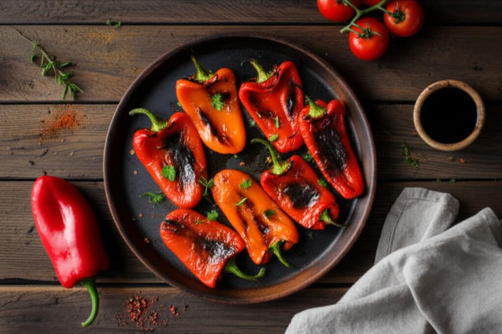 Pimientos rojos y naranjas asados a la parrilla en un plato oscuro sobre tabla de madera con hierbas, tomates y salsa.