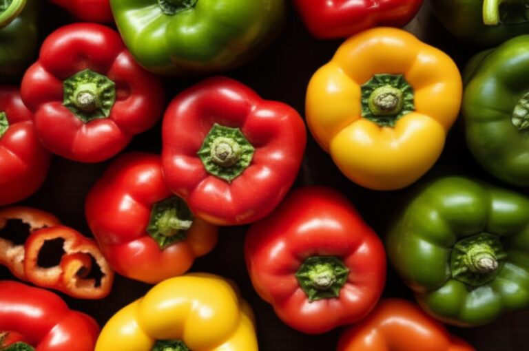 Pimientos campana de colores variados: rojos, amarillos y verdes, algunos enteros y rodajas de pimiento. Imagen destacada para información nutricional.