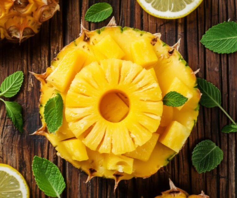 Piña fresca cortada y dispuesta sobre una tabla de madera con hojas de menta y rodajas de limón, mostrando su textura y color vibrante.