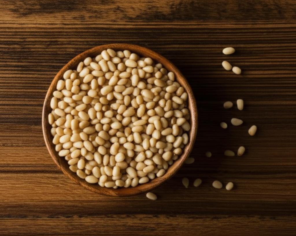 Imagen de una mesa mostrando Piñones frescos resaltando su valor nutricional y textura cremosa.