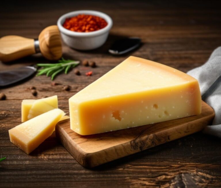 Cuña de queso Parmigiano Reggiano en tabla de madera, con piezas más pequeñas, especias y utensilios de corte. Para sitio de información nutricional de alimentos.