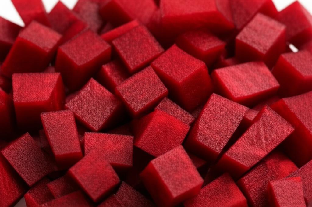 Primer plano de remolacha roja fresca picada en cubos uniformes. Ideal para contenido sobre nutrición y recetas.