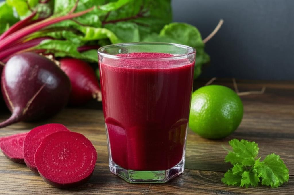 Vaso de jugo de remolacha fresco, remolachas enteras con hojas verdes, rodajas de remolacha y una lima, destacando sus propiedades nutricionales.