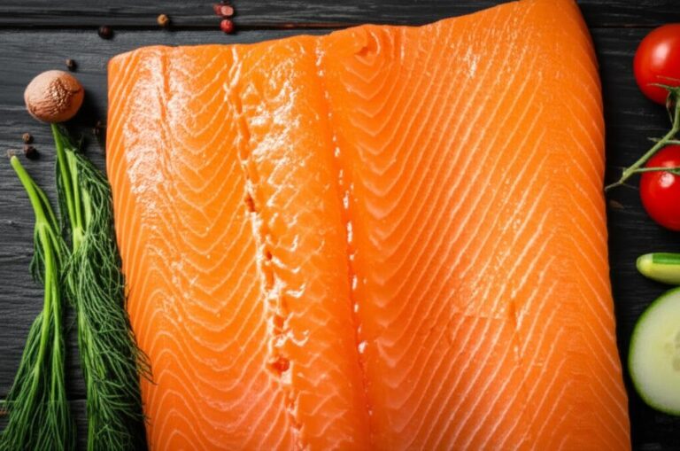 Filete de salmón crudo con eneldo, tomates cherry y rodajas de pepino, destacando sus propiedades nutricionales.