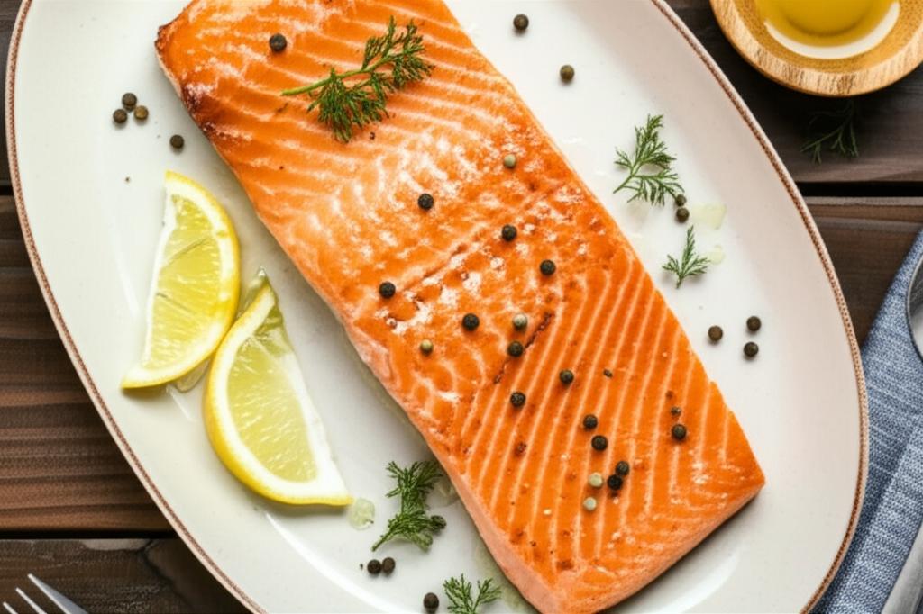 Filete de salmón al horno con pimienta, eneldo y rodajas de limón, servido en un plato blanco. Imagen destacada para información nutricional de salmón.
