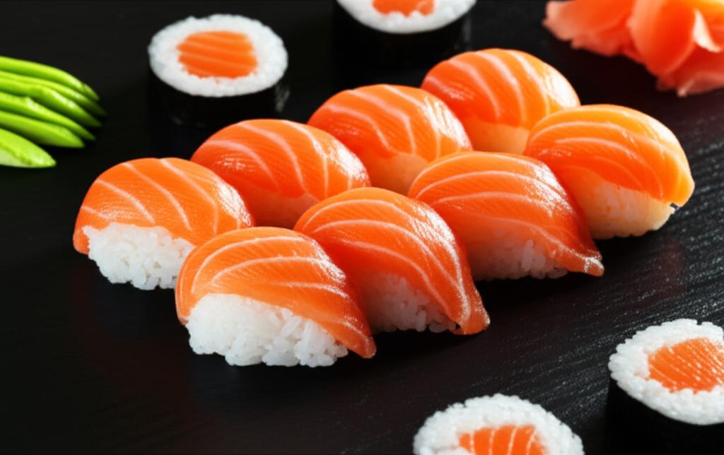 Nigiri y maki de salmón fresco sobre fondo oscuro, con jengibre y wasabi, para información nutricional de alimentos.