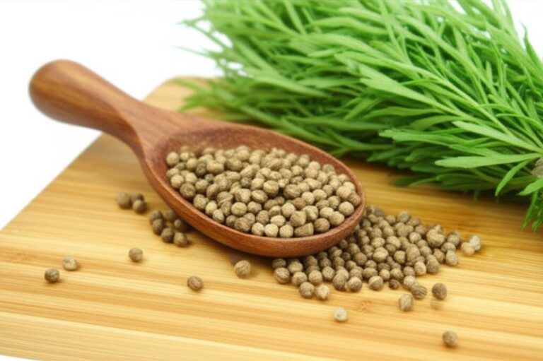 Semillas de cilantro en una cuchara de madera junto a hojas frescas sobre tabla de madera