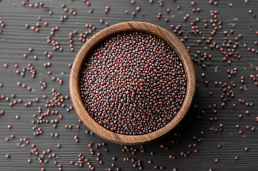 Imagen de una mesa mostrando Semillas de mostaza frescas, destacando su color y valor nutricional. Pequeñas semillas, gran poder.