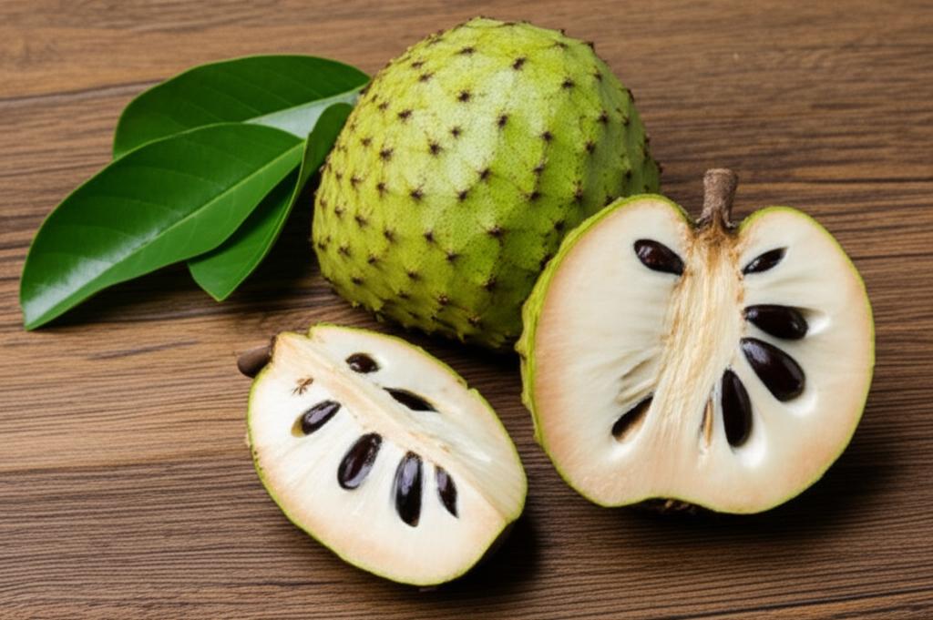 Imagen de una mesa mostrando Soursop fresco, resaltando su pulpa blanca y su potencial valor nutricional como fruta exótica.