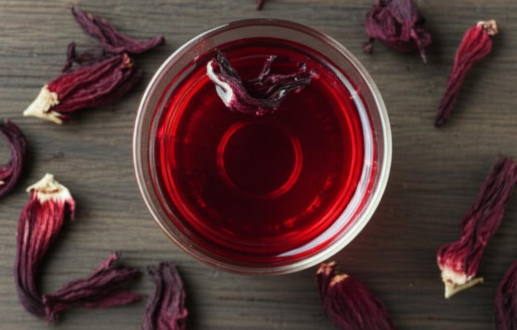 Vaso de té de flor de jamaica con flores de jamaica secas alrededor