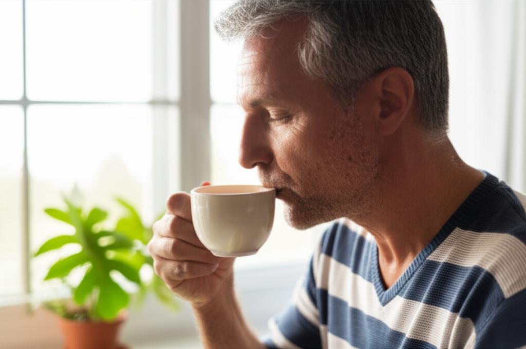 Hombre de cabello gris bebiendo té de orégano de una taza blanca, ventana y planta de fondo. Imagen clave para beneficios nutricionales.